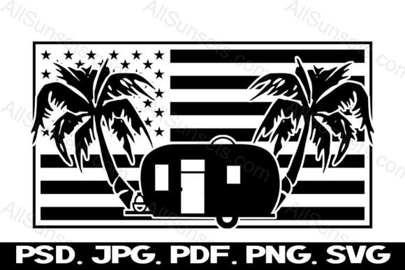 Camper American Flag Palm Trees Vector: Graphics for Crafts